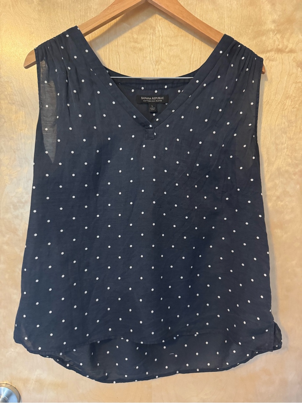 Banana Republic Navy Polka Dot V-Neck Silk Sleeveless Top
